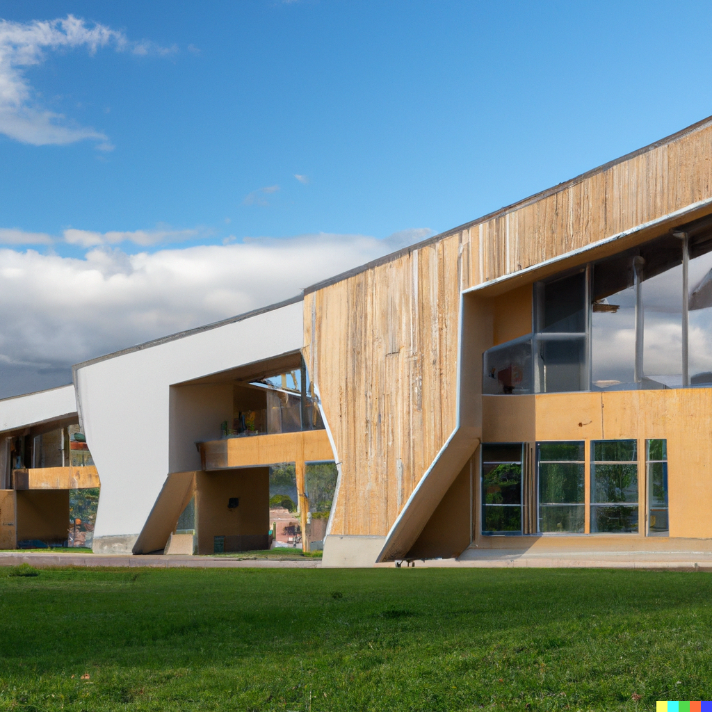 DALL·E 2023-05-01 15.59.48 - An elementary school designed with natural materials in the style of Frank Gehry